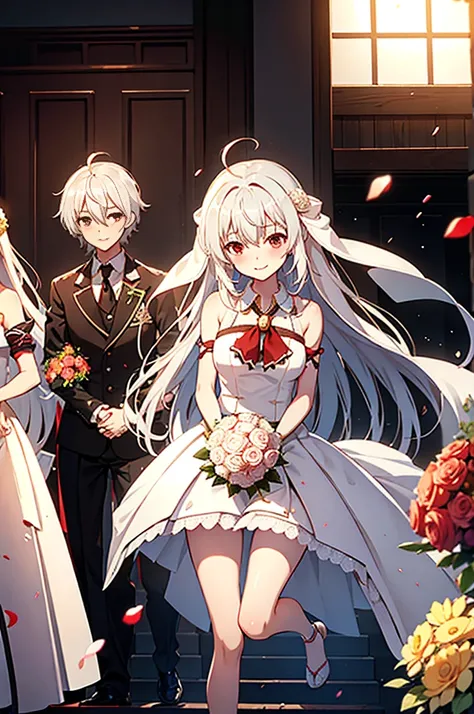 masutepiece, Best Quality, hight resolution, 1girl Ninim Rayleigh&#39;Ahoge with bouncing hair, bare shoulders​， weddingdress，veils，holding the bouquet with both hands，chies，chapel，red blush，A smile