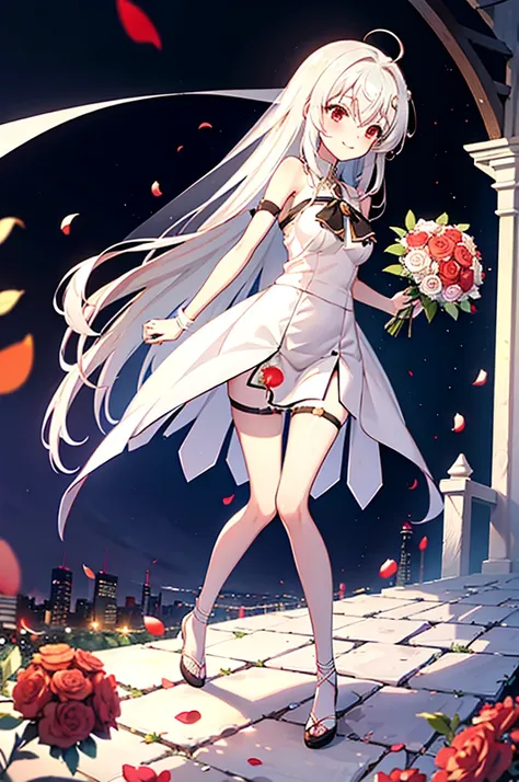 masutepiece, Best Quality, hight resolution, 1girl Ninim Rayleigh&#39;Ahoge with bouncing hair, bare shoulders​， weddingdress，veils，holding the bouquet with both hands，chies，chapel，red blush，A smile