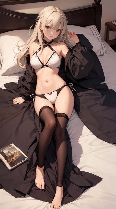 tmasterpiece、full-body view，RAW photogr，Background with（（Bedrooms, Lie down in bed））、(pillowslip), (dakimakura), 15yo student、A beautyful girl、ssmile，A blonde、Colossal titikini with detailed embroidery，sexyposture、perspired、Wet hair，Barefoot