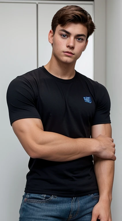 Peter Parker skater, 17 years old, military haircut, dark brown hair, intense blue eyes, intense gaze, affiliated features, no facial hair, height 1.83, weight 80 kg, muscular build, broad shoulders, V-shaped body , full body focus, completely hairless,