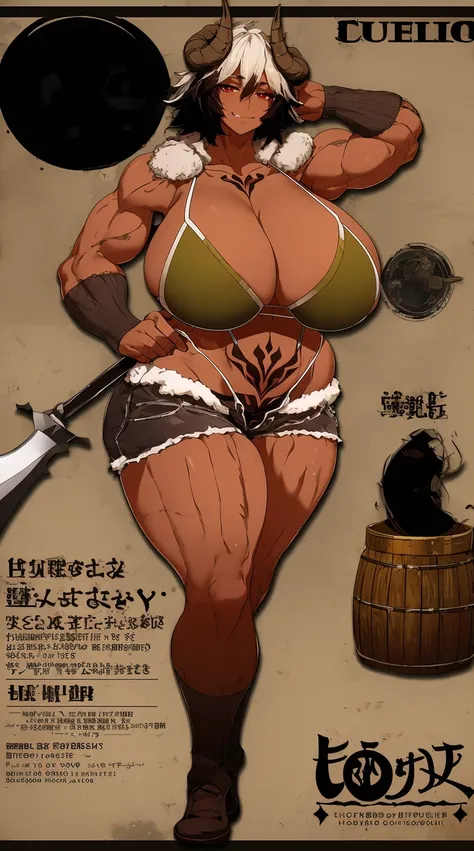 helga, dark-skinned female, short hair, silver hair,, horns, red eyes, shorts, huge breasts, no wings, muscular female, thick thighs, thick arms, tomboy,full body tatto,, no tail,fertility tatto, breeding tatto,smug, holding axe, reflection light, blending...