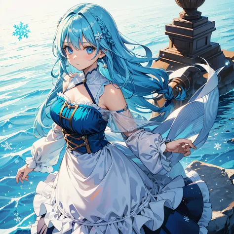 Anime girl caramel colored hair,blue eyes,1 long braided hair, snowflake hairpins,bluegreen crystalized dress