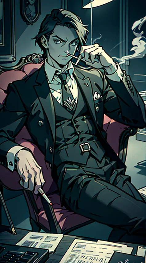 private investigator, legs on desk, smoking a cigarette, leaning back in chair, anime, monochrome, Art Deco, Gothic art, anime style, anatomically correct, masterpiece, high details, high quality, beautifully detailed eyes, captivating gaze, skillfully exe...