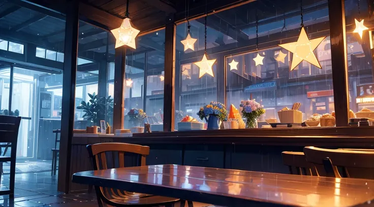 inside the seaside cafe, night time, rain outside the window, star shaped lighting