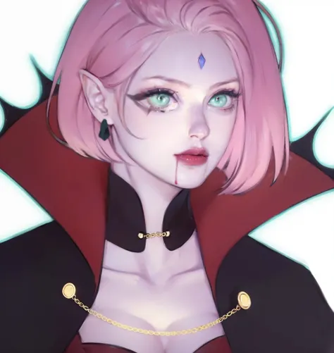 young woman, porcelain skin, short pink hair, wide forehead, thin pink eyebrows, emerald green eyes, upturned nose, thick red lips, heart-shaped face, blood red vest, black leather gloves, Sakura Haruno, 3d, realism