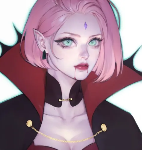 young woman, porcelain skin, short pink hair, wide forehead, thin pink eyebrows, emerald green eyes, upturned nose, thick red lips, heart-shaped face, blood red vest, black leather gloves, Sakura Haruno, 3d, realism