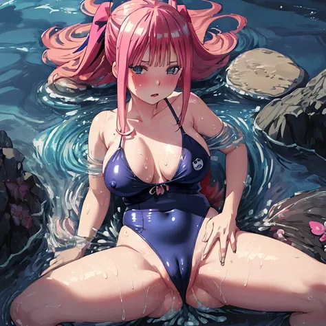 {Best Quality}, {very aesthetic}, {Ultra-detailed}, {Best Illustration}, nsfw, Navy blue swimsuit, Japan Student Swimsuit, One Piece Swimsuit, tits out, {nude}, Lots of love juice, Pussy, Spread legs, Pink hair, crotch grab