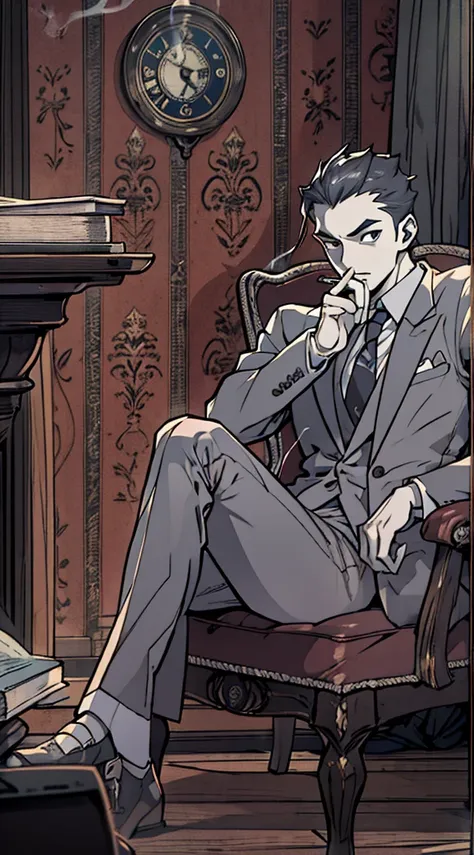 (best quality,4k,8k,highres,masterpiece:1.2),ultra-detailed,(anime:1.37),private investigator,male,legs on desk,smoking a cigare...