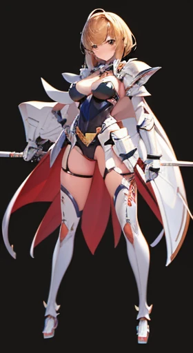 (((Best Quality))) , ((full body)), female, reference sheet, solo, (white background), holding weapon, cloak, gauntlets, holding shield, leotard, armored dress, waist armor,