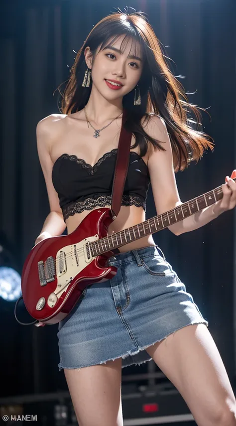 最高品質, master-piece, ultra-high resolution, (photorealistic portrait: 1.4), RAW photo, (full-body-shot), charming smiling girl, ((Playing electric guitar on live stage)), (Dynamic Poses), long-haired, long-hairedมาก, large boobs, Beautiful breasts, plump br...