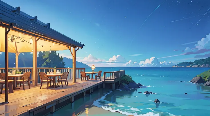 seaside cafe terrace, summer blue sky, star shaped lighting, calming scenery