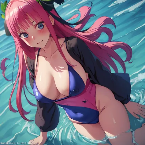 {Best Quality}, {very aesthetic}, {Ultra-detailed}, {Best Illustration}, nsfw, Navy blue swimsuit, Japan Student Swimsuit, One Piece Swimsuit, tits out, Pink hair