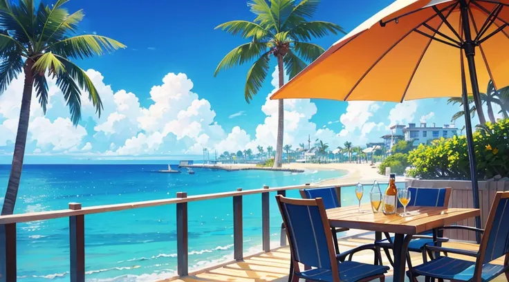 seaside cafe terrace, summer blue sky, palm tree, calming scenery