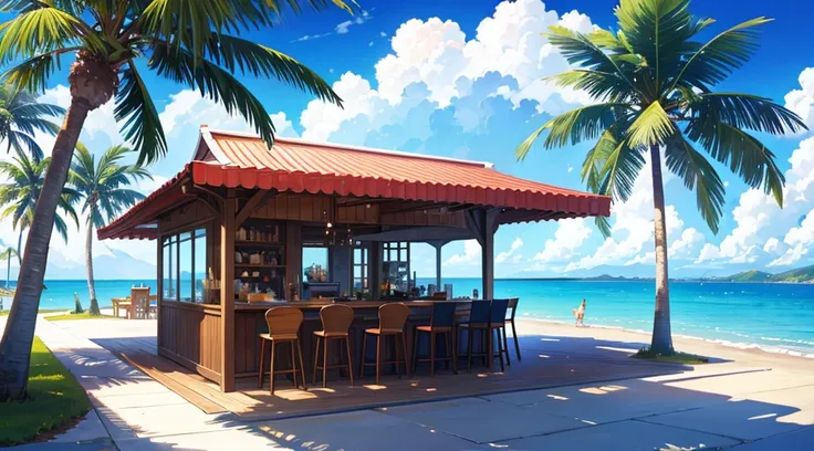 seaside cafe terrace, summer blue sky, palm tree, calming scenery