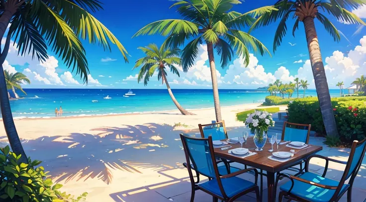 seaside cafe terrace, summer blue sky, palm tree, calming scenery