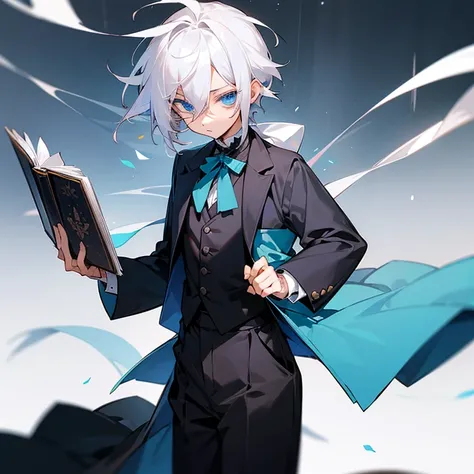 Shota 2D handsome boy, white hair, long and tied around his shoulders, wears butler-like clothes, holds a book, has blue eyes, short stature, high gaze, close range