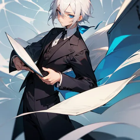 Shota 2D handsome boy, white hair, long and tied around his shoulders, wears butler-like clothes, holds a book, has blue eyes, short stature, high gaze, close range