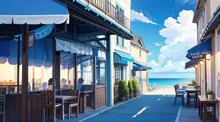 seaside cafe terrace, summer blue sky, star shaped lighting, calming scenery