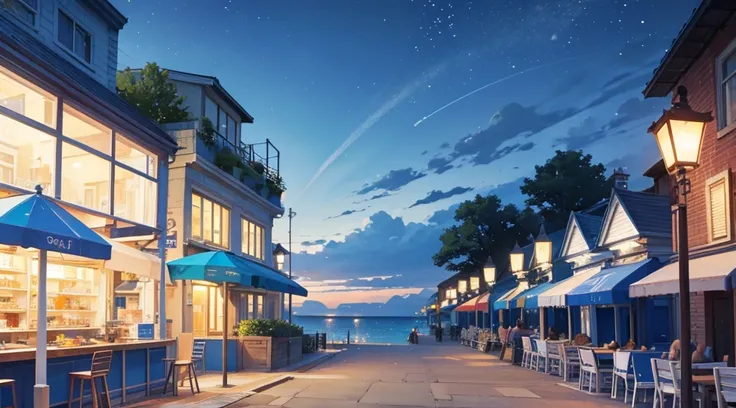 seaside cafe terrace, summer blue sky, star shaped lighting, calming scenery