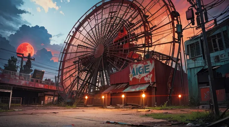 abandoned amusement park, late night, red moon