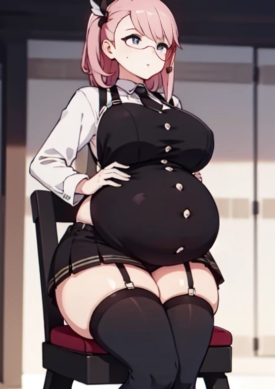 (masterpiece, best quality), 1girls, big belly, blurry background, huge belly, art by kipteitei, round belly, chubby, curvy, white button-up shirt, skirt, thighhighs, simple_background, gradient_background, belly bursting out of shirt, belly grab, enormous...