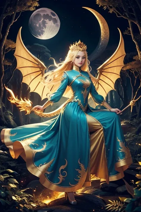 Princess (blonde hair, wearing a long dress, holding a magic wand), background (forest, moon), Chinese dragon (one, five-clawed golden dragon, two wings), princess riding a dragon