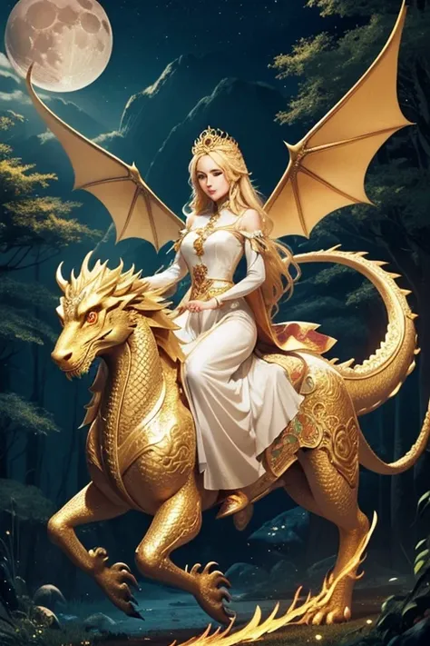 Princess (blonde hair, wearing a long dress, holding a magic wand), background (forest, moon), Chinese dragon (one, five-clawed golden dragon, two wings), princess riding a dragon