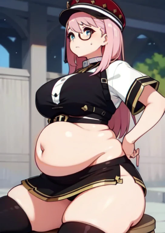 (masterpiece, best quality), 1girls, big belly, blurry background, huge belly, art by kipteitei, round belly, chubby, curvy, white button-up shirt, skirt, thighhighs, simple_background, gradient_background, belly bursting out of shirt, belly grab, enormous...