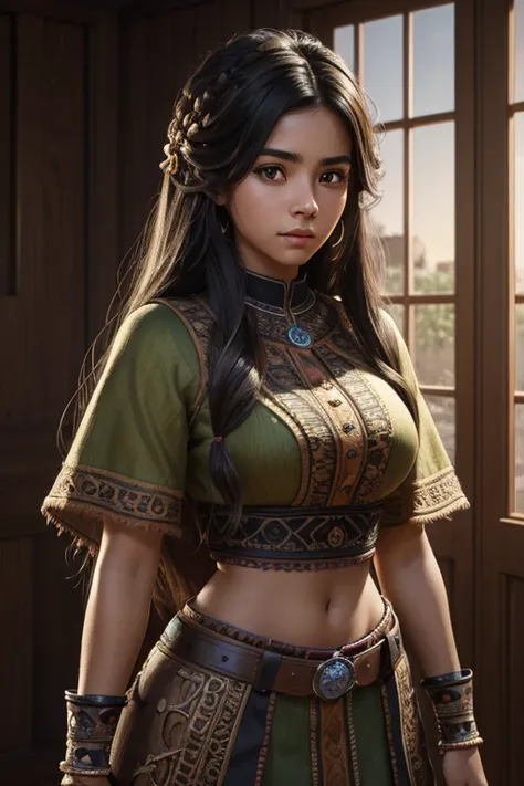 (Pixar style) A waist-high portrait of a Mexican girl with long hair, natural skin texture, 4K textures, HDR, intricate, highly detailed, sharp focus, hyper-detailed