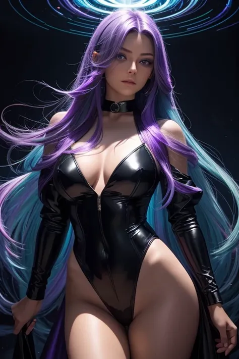 Masterpiece, best quality, 1girl, with long flowing iridescent hair in shades of purple, blue, and green, wearing a sleek black bodysuit, standing in a dramatic pose with one hand on her hip and the other holding a glowing, magical crystal ball. In the bac...