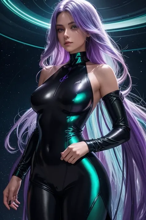 Masterpiece, best quality, 1girl, with long flowing iridescent hair in shades of purple, blue, and green, wearing a sleek black bodysuit, standing in a dramatic pose with one hand on her hip and the other holding a glowing, magical crystal ball. In the bac...