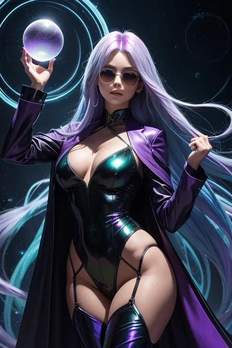 Masterpiece, best quality, 1girl, with long flowing iridescent hair in shades of purple, blue, and green, wearing a sleek black bodysuit, standing in a dramatic pose with one hand on her hip and the other holding a glowing, magical crystal ball. In the bac...