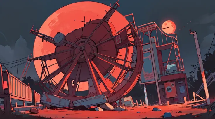 (abandoned amusement park, late night, red moon), (low contrast, flat color, limited palette)