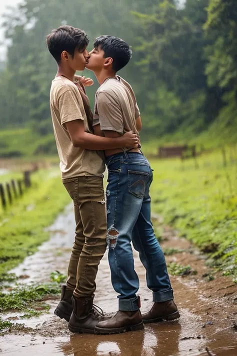 Two wearing ripped jeans boys kissing on the muddy ground in the rain.