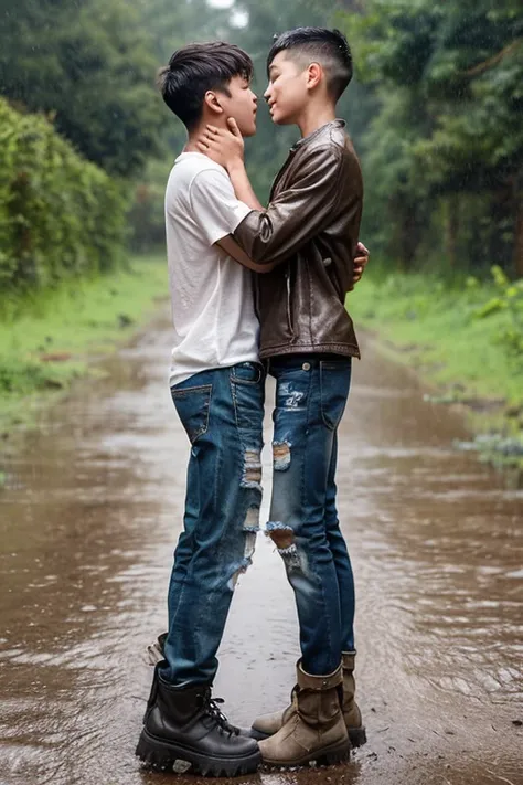 Two wearing ripped jeans boys kissing on the muddy ground in the rain.