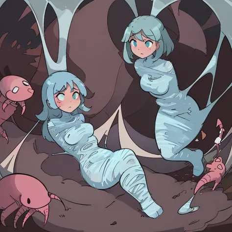 2 girls, trapped within sticky slimy cocoons made of silk, surrounded by worms