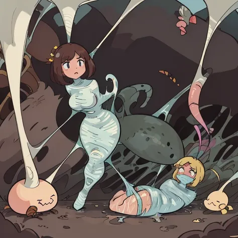 2 girls, trapped within sticky slimy cocoons made of silk, surrounded by worms