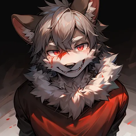 male dog ears，shaggy，Gray haired butcher，Dangerous smiles，There is blood on the face，Blood-colored clothes，sombre background，Keep an eye on the front，Top angle of view，Face magnification