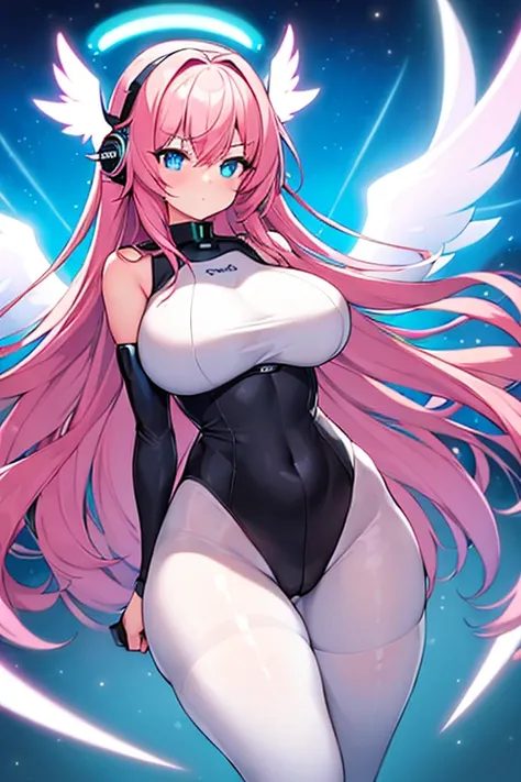 1girl, wide hips, large brests, breasts, thick thighs, pink hair, long hair, headphones, hair ornament, ornament, blue eyes, serious, angel wings, angel, wings, bodysuit, white bodysuit, pantyhose, black pantyhose, tech, futuristic, machinery, science-fict...