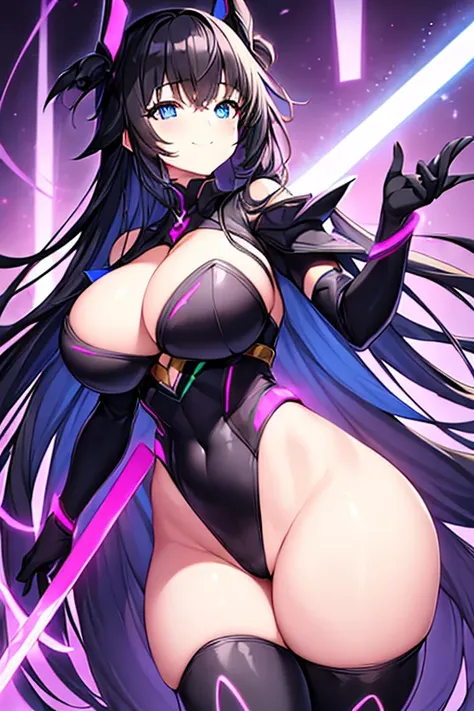 1girl, black hair, long hair, hair ornament, ornament, blue eyes, smile, breasts, large breasts, thick thoghs, wide hips, bodysuit, black bodysuit, leotard, black thoghhighs, purple trim, neon trim, futuristic, science-fiction, purple neon trim, sword