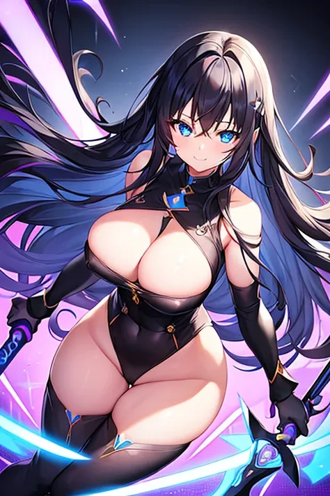 1girl, black hair, long hair, hair ornament, ornament, blue eyes, smile, breasts, large breasts, thick thoghs, wide hips, bodysuit, black bodysuit, leotard, black thoghhighs, purple trim, neon trim, futuristic, science-fiction, purple neon trim, sword