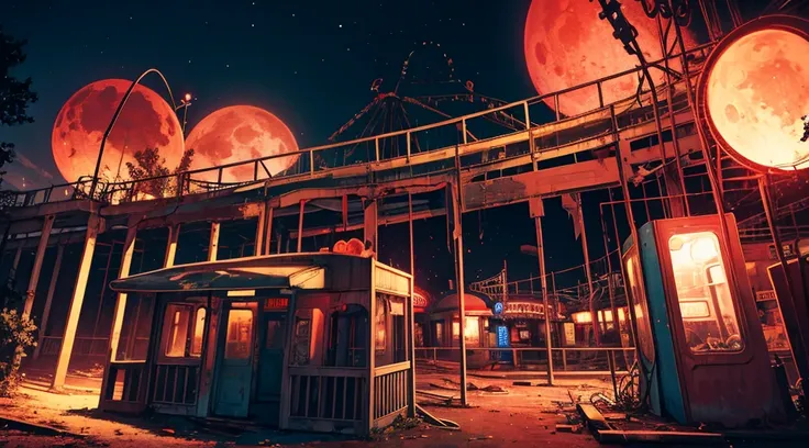 (abandoned amusement park, late night, red moon), (distortion of space and time)