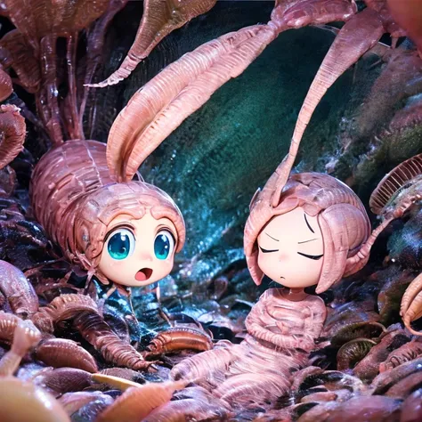 2 girls, trapped within sticky slimy cocoons made of silk, surrounded by worms and plants