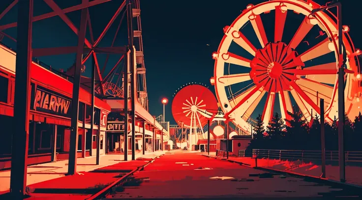 (abandoned amusement park, late night, red moon), (low contrast, flat color, limited palette)