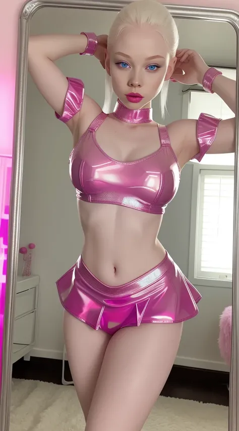 Albino skin, albinism, white skin, pale skin girl, 18 years old , prominent , curvy muscular, in fuchsia latex lingerie posing in front of mirror, sexy outfit, fuchsia latex tight mini-skirt, fuchsia latex bikini, bubblegum body, revealing outfit, pink bod...