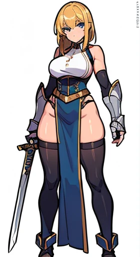 (((Best Quality))) , ((full body)), female, reference sheet, solo, (white background), holding sword, gauntlets, waist armor, thigh high, side slit microskirt,