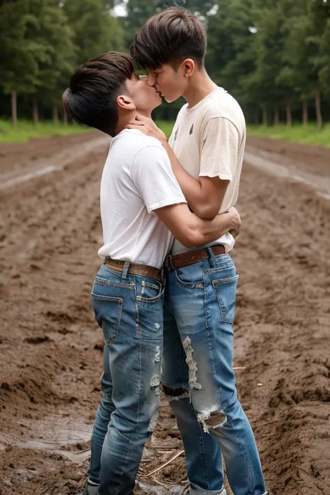 Two wearing ripped jeans boys kissing on the muddy ground.