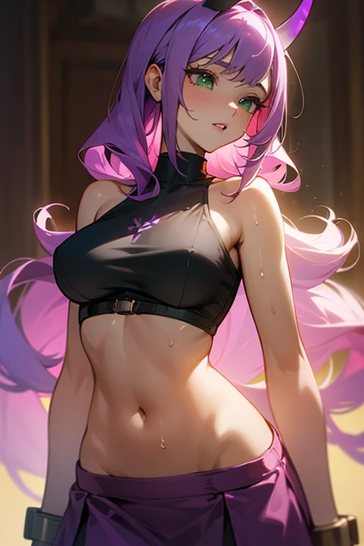 1girl, solo, (patchouli knowledge:1.3), masterpiece, best quality, purple top, crop top, ((stomach)), midriff, ((groin)), purple skirt, normal ears, shackles, purple hair, very long hair, wavy hair, sidelocks, green eyes, parted lips, single horn, sweat, ,...