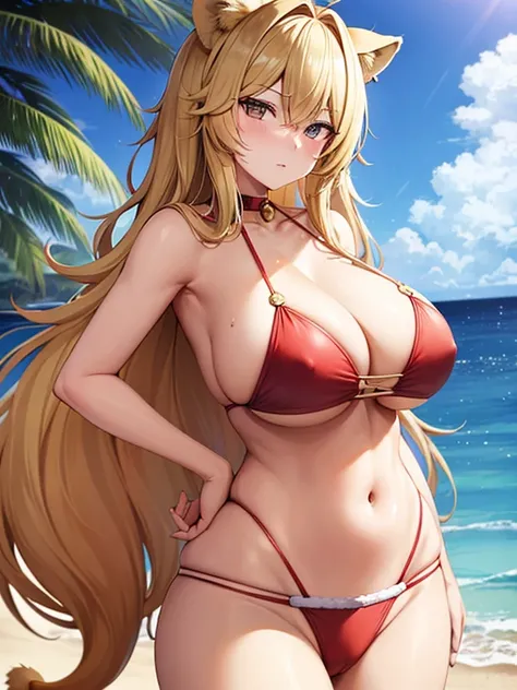 Woman lion ear lion tail  blonde perm  huge breasts santa bikini