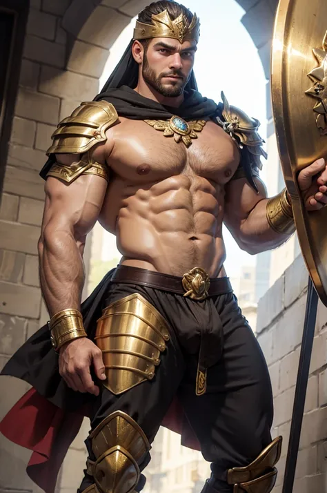 um Gladiador Furioso usando um elmo dourado, barba grande, corpo extremamente grande e musculoso , holding a golden shield in his left hand and a golden spear in his right hand, Super Strength , corpo peludo , corajoso, sem camisa , peito grande e peludo, ...